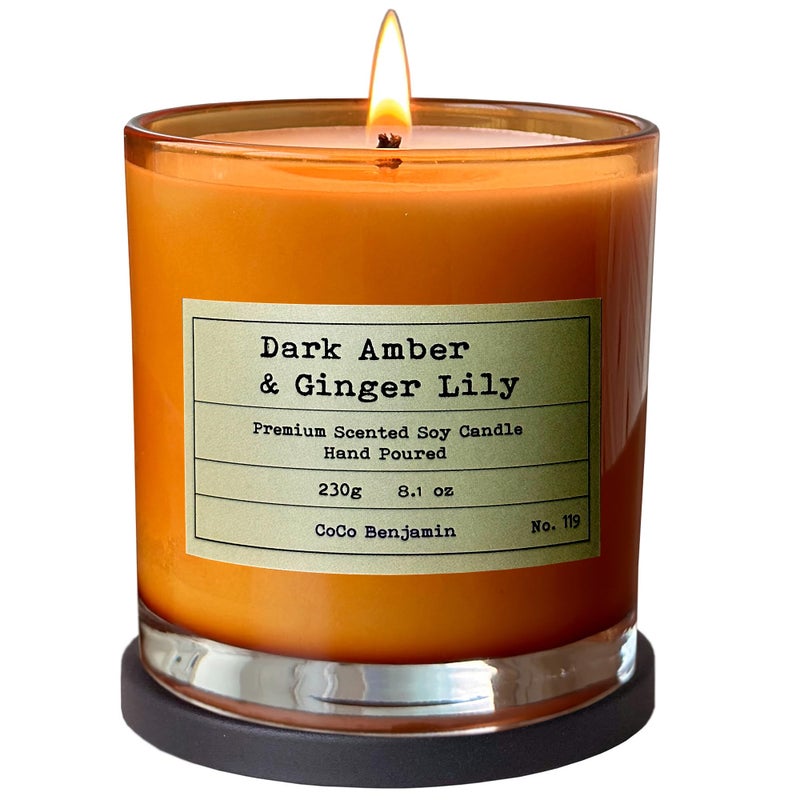 CoCo Benjamin 100% Soy, Highly Scented, Hand Poured Soy Candle (Dark Amber & Ginger Lily) - Image 1